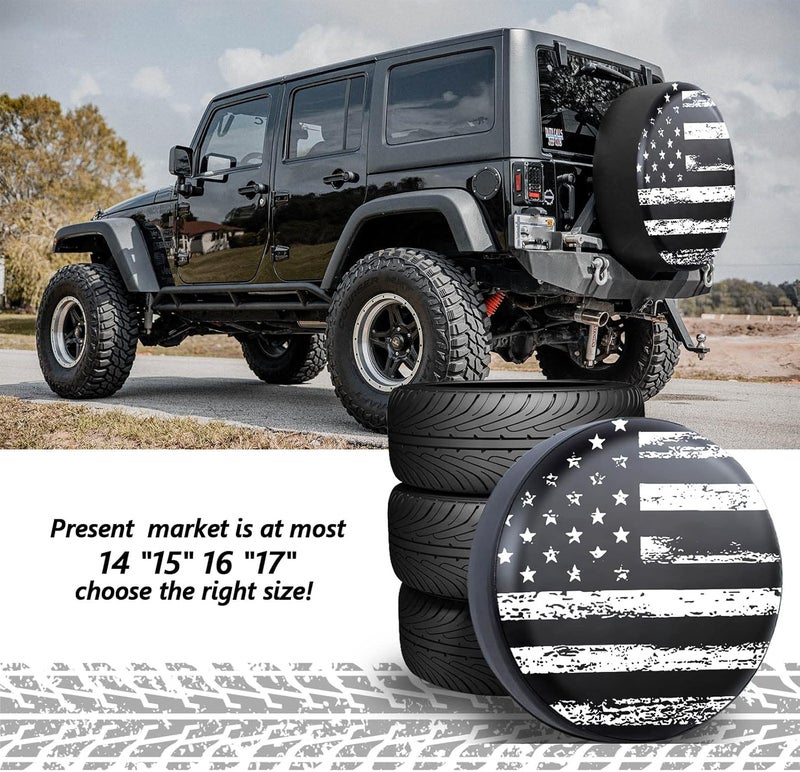 Jusen Black White Vintage American Flag Spare Tire Cover Protectors Weatherproof Dust-Proof for Fit for Jeep Wrangler RV, SUV, Truck Travel Trailer,Waterproof Tires 14" 15" 16" 17" 18'' - Image 5